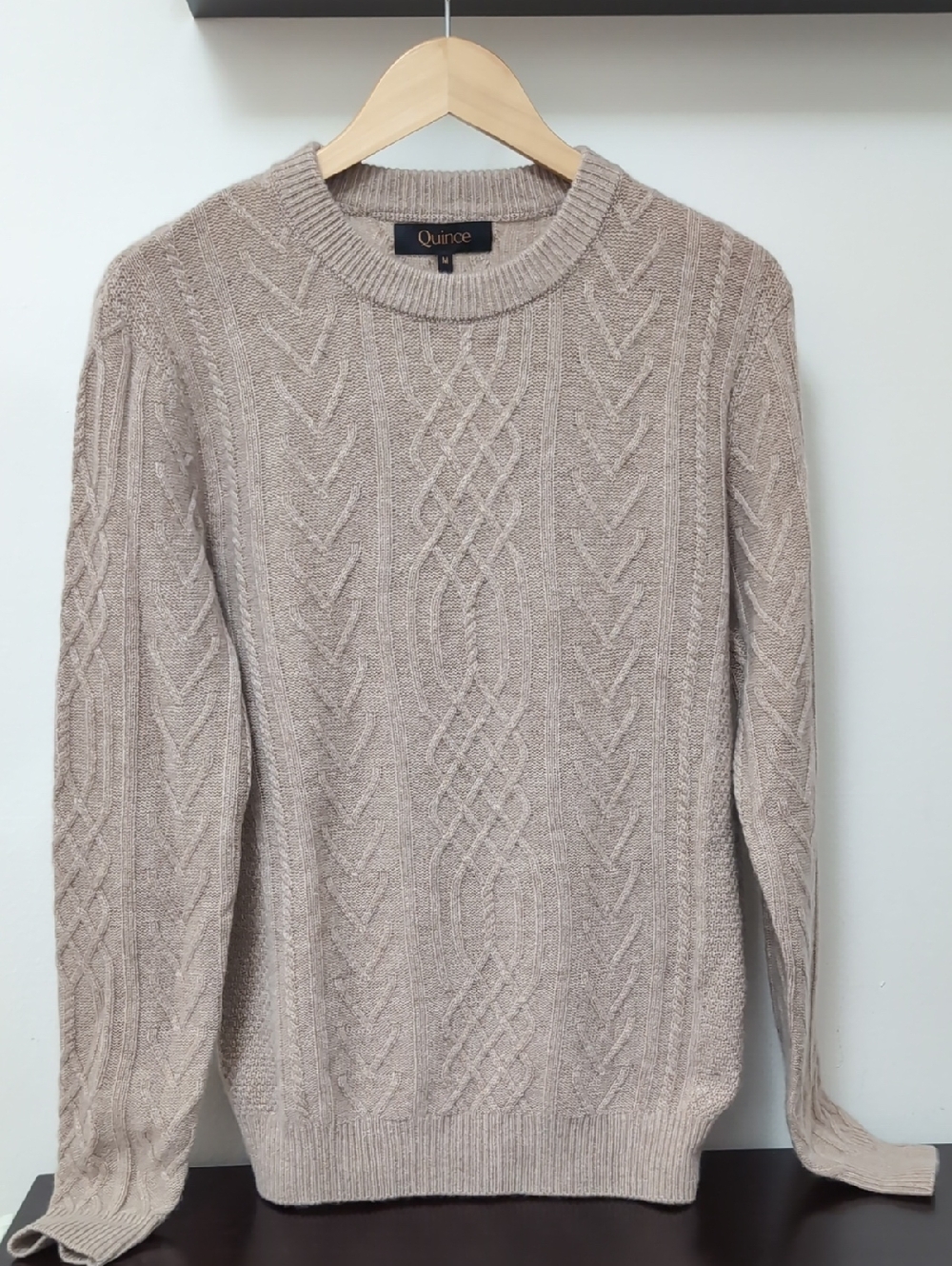Quince Mongolian Cashmere Classic Cable Crewneck Sweater, Oatmeal, M